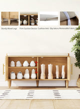 Akxomel Natural Rattan Shoe Storage Bench with Cushion, Entryway Shoe Cabinet Bench with 2 Doors, 15"D x 39.4"W x 20"H, Wooden Shoe Organizer, Adjustable Shelf, Solid Wood Legs, for Hallway, Bedroom Akxomel