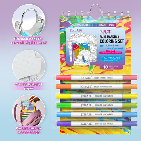 Joibabe Coloring Book Travel Set: 10 Sheets Coloring Paper & 6 Piece Dual-Tip 12 Color Acrylic Marker ，Spiral Binding，for Adults,Stress Relief Gifts,Enhance Aesthetic Appreciation，DIY Creative joibabe