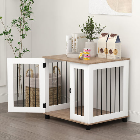 PawHut Dog Crate Furniture, Side Table Indoor Dog Kennel, End Table with Lockable Door for Small and Medium Dogs, Walnut Brown PawHut