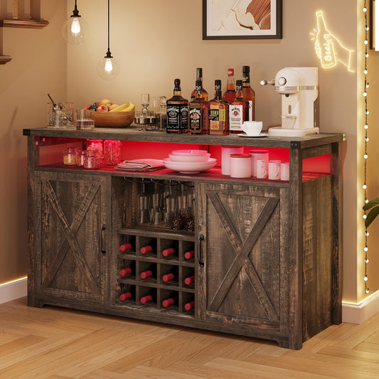 YITAHOME Bar Cabinet with LED Lights, 55" Farmhouse Buffet Coffee Bar Cabinet with Storage, Wine Liquor Cabinet with Adjustable Shelves for Kitchen, Living Room, Dark Rustic Oak - WoodArtSupply