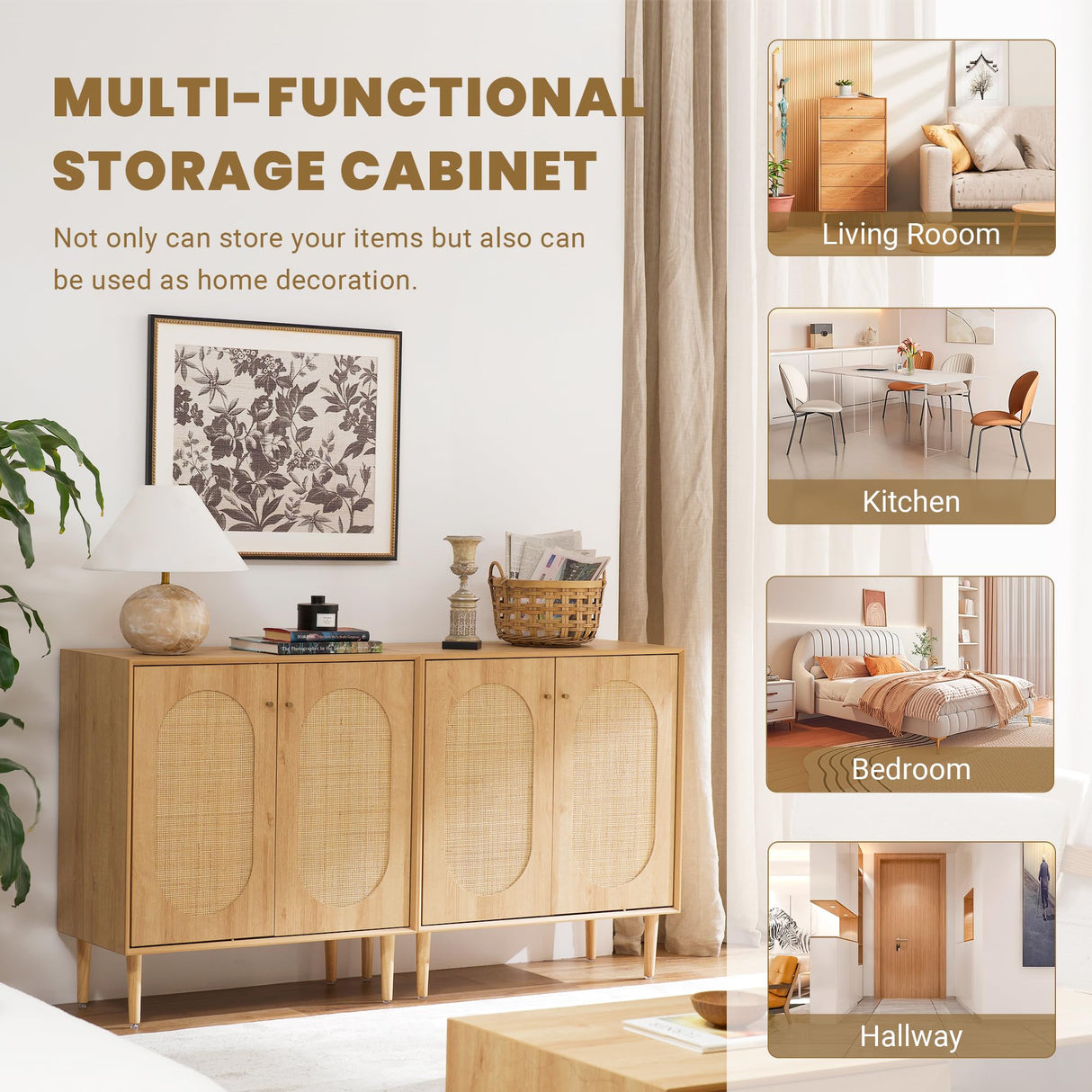 THEETAYY Storage Cabinet Sideboard with Rattan Doors, Boho Buffet Sideboard Bar Cabinet Farmhouse Credenza Cabinet with Sturdy Wooden Legs with Leveler for Living Room,Kitchen,Hallway THEETAYY