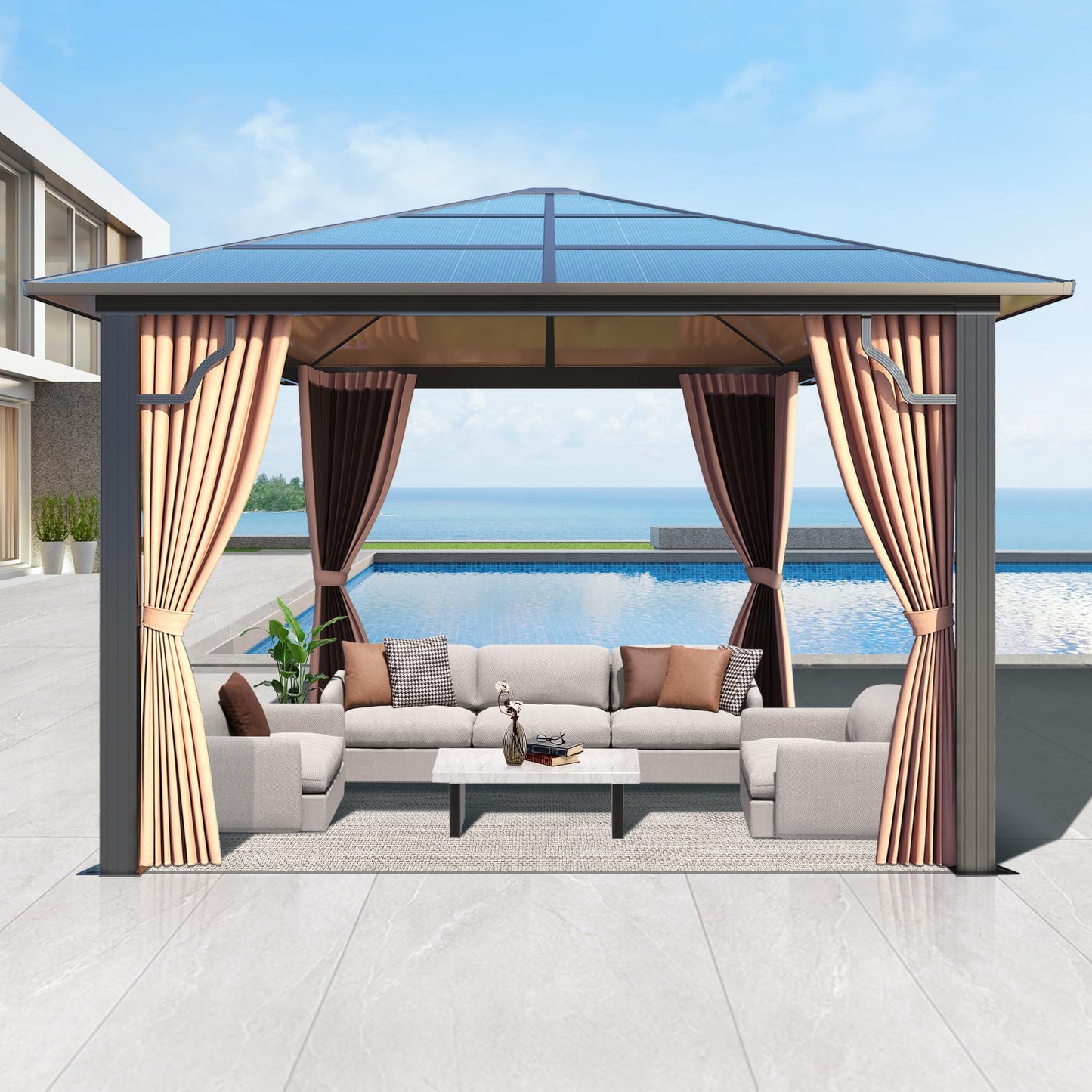 GARTOO 10' x 10' Polycarbonate Hardtop Gazebo - Sunroom Aluminum Frame Permanent Pavilion with Double Curtains for Garden, Lawn, Outdoor Party, Backyard Deck