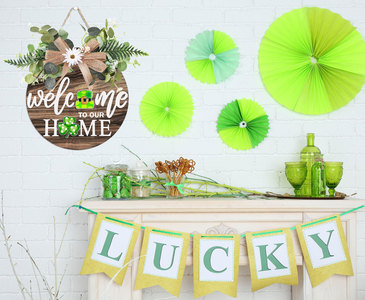 Interchangeable Welcome Sign for Front Door with 4 Seasonal Wreaths and 21 Changeable Icons, Farmhouse Rustic Outdoor Welcome Signs Porch, Holiday Spring Summer Winter Fall Decorations for Home Gifts OWUH