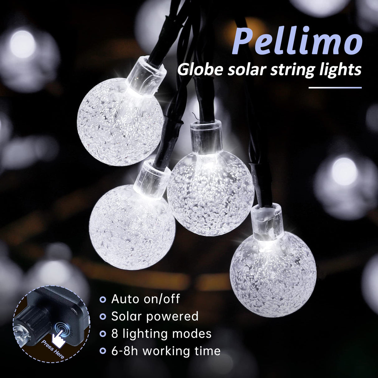 Pellimo 2-Pack 30 LED 20FT Solar String Lights Outdoor, Crystal Globe Lights with 8 Lighting Modes, Waterproof Solar Powered Patio Lights for Garden Yard Porch Wedding Party Decor (White) Pellimo