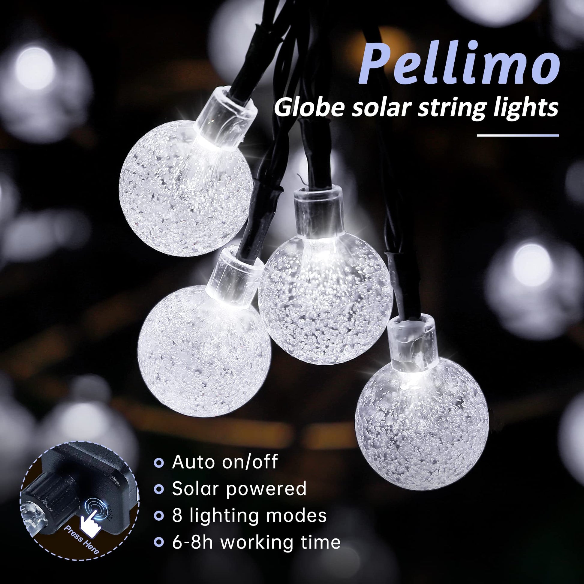 Pellimo 2-Pack 30 LED 20FT Solar String Lights Outdoor, Crystal Globe Lights with 8 Lighting Modes, Waterproof Solar Powered Patio Lights for Garden Yard Porch Wedding Party Decor (White) - WoodArtSupply