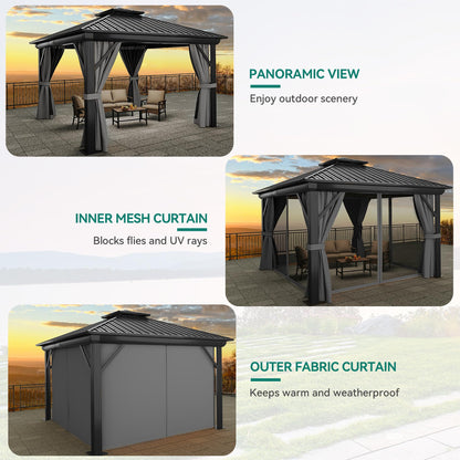 YITAHOME 12x12ft Hardtop Gazebo, Heavy Duty Double Roof Galvanized Steel Outdoor with Nettings and Curtains Combined of Vertical Stripes Roof for Patio, Backyard, Deck, Lawns, Gray - WoodArtSupply