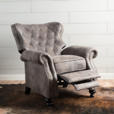 Mid Century Wingback Recliner, Fabric Push Back Recliner Chair Single Rolled Armchair Sofa with Rivet Decoration, Accent Chairs with Stable Hump Feet for Living Room (Brown Gray) Xinmviec