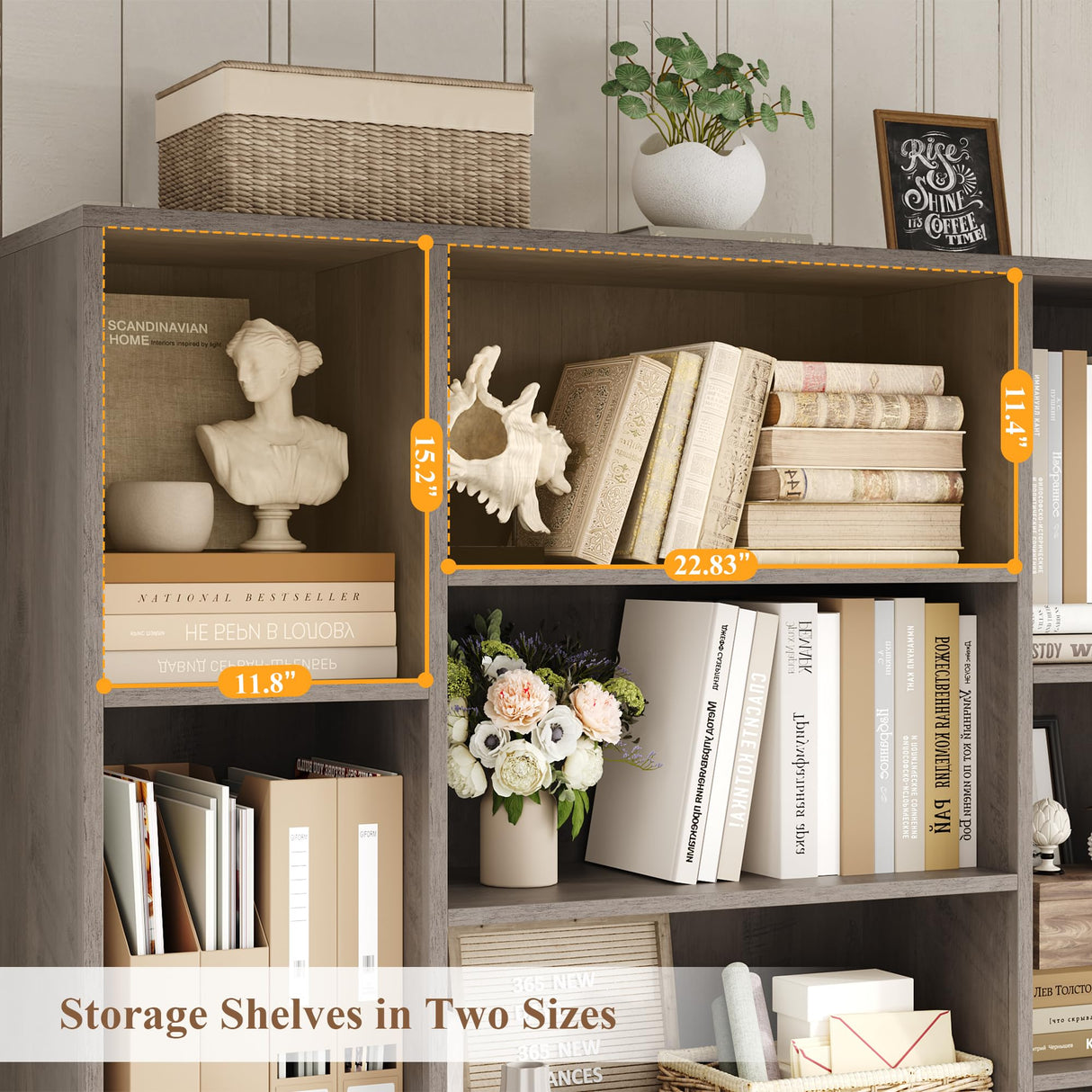 HOSTACK 75” Tall Book Shelf and Bookcase, Bookshelf with Storage Cabinet, 47” Wide Bookcase with 4 Doors, Standing Display Shelves, Modern Farmhouse Book Case for Living Room, Home Office, Ash Grey HOSTACK