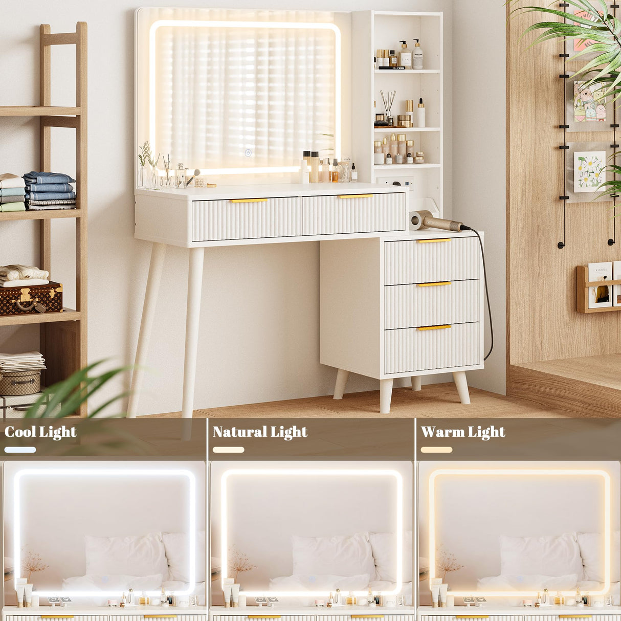 Vanity Desk with Mirror and Lights, Makeup Vanity Desk with Power Outlet, Makeup Desk with 5 Drawers&Storage Shelves, Vanity Table 3 Color Modes Adjustable Brightness Dressing Table Set for Bedroom INNOD