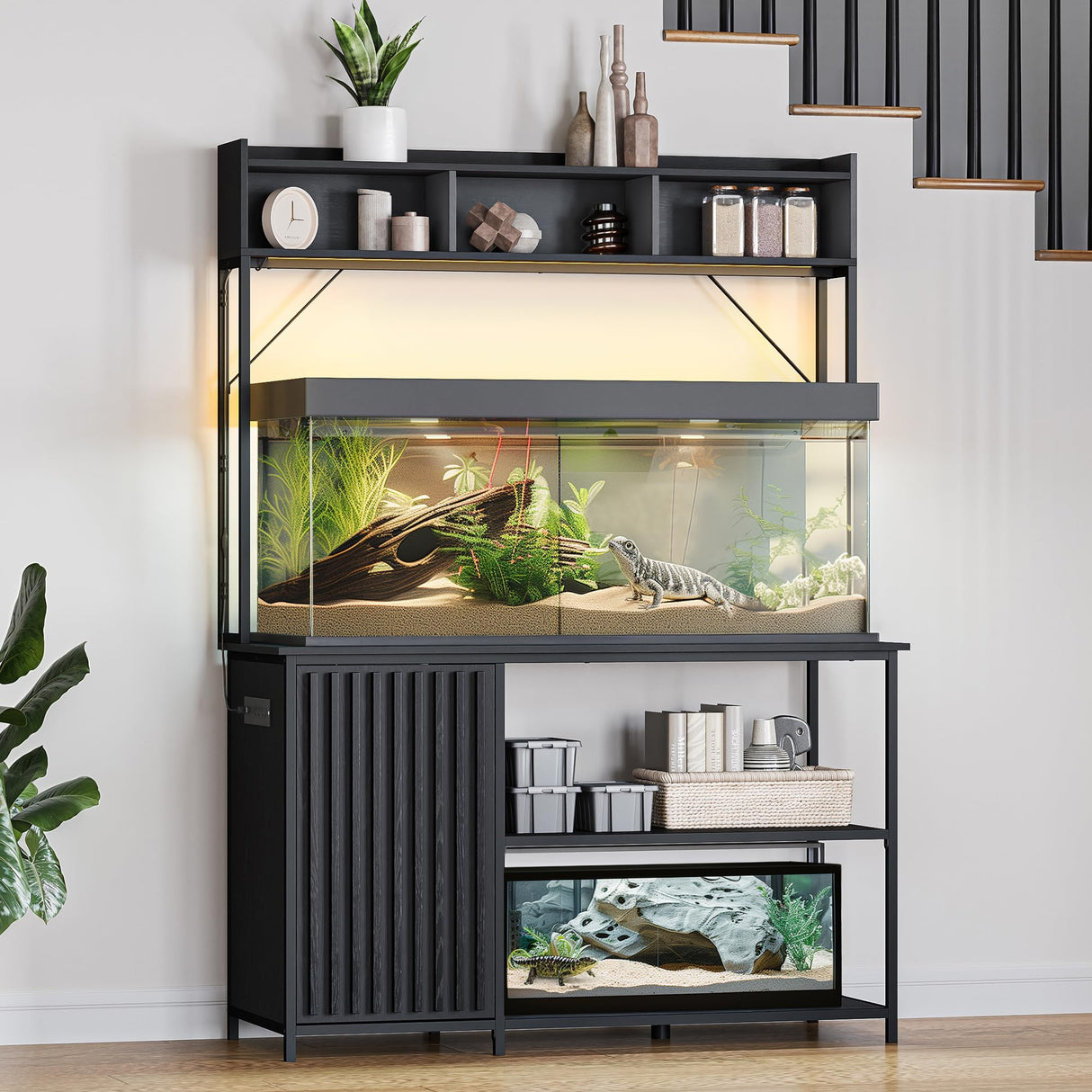 BELLEZE Aquarium Stand with LED Lights 55-90 Gallon, Fish Tank Stand with Heavy Duty Metal Fluted Storage Cabinet and Power Outlets, 1200 LBS Capacity,Fish Turtle Tank Compatible, Black Ebony BELLEZE