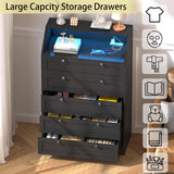 Wodeer Black Dresser Tall 5 Drawer Dresser for Bedroom, Wood Chest of Drawers with LED Lights, Charging Station, Metal Handles, Modern Storage Cabinet and Organizer Drawers for Living Room, Hallway Wodeer