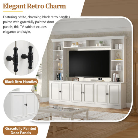 97.4"W Elegant 4-Piece Wall Unit Entertainment Center with Bookshelf for TVs Up to 70", Versatile TV Stand with Adjustable Shelf, Mid-Century Media Console with Bridge for Living Room, White (White) THINK 30
