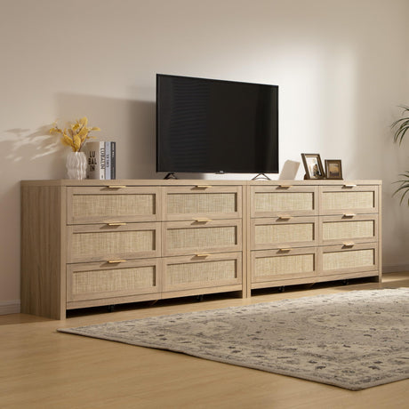 SICOTAS Rattan Dresser for Bedroom, 57" Wide 6 Drawer Dresser with Ample Storage, Dressers Large Chest of Drawers, Closet, Boho TV Stand for Bedroom (Reclaimed Light Oak, 1 Piece) SICOTAS