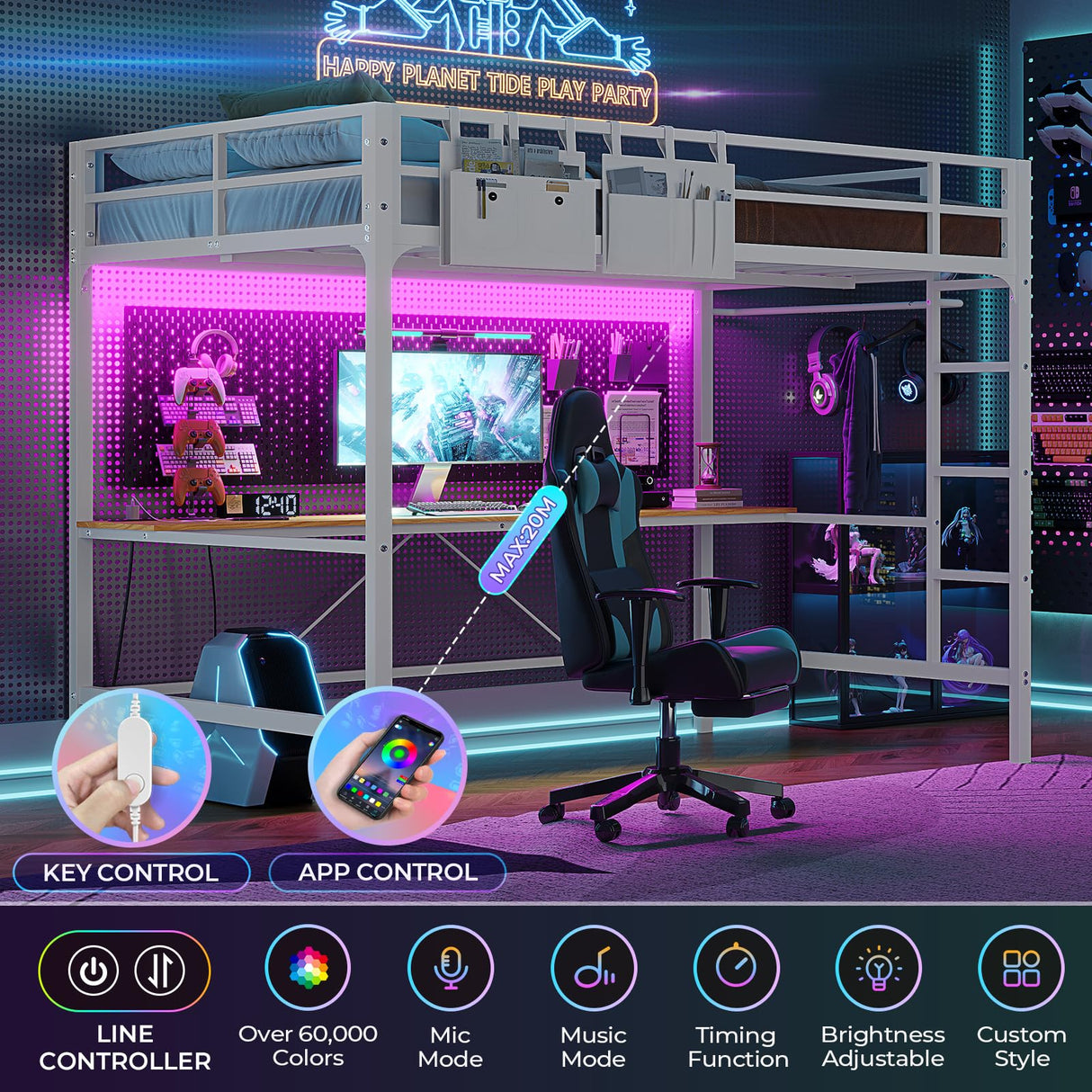 Hasuit Full Size Metal Loft Bed with Desk, LED Lights & Charging Station - Sturdy Space-Saving Bed Frame, Loft Bed Full Size Includes Safety Guard Rail & Ladder, No Box Spring Needed, Durable, White Hasuit