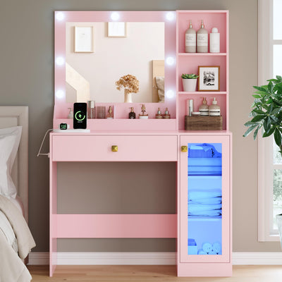 Vanity Desk with Mirror and Lights, Small Makeup Vanity Table with RGB Storage Cabinet & Power Strips & Shelves, 3 Lighting Modes & Adjustable Brightness, Dressing Table for Women Girls Bedroom, Pink