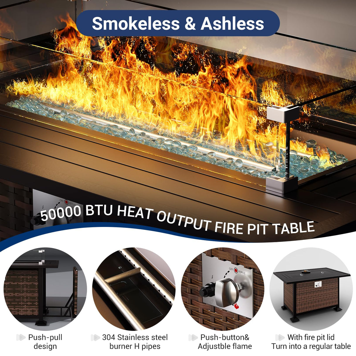 Amopatio Outdoor Patio Furniture Sets, 10 Pieces Wicker Patio Furniture, Outdoor Sectional Patio Couch Set with Ottoman, Patio Conversation Set with 44" Gas Fire Pit (Khaki) Amopatio