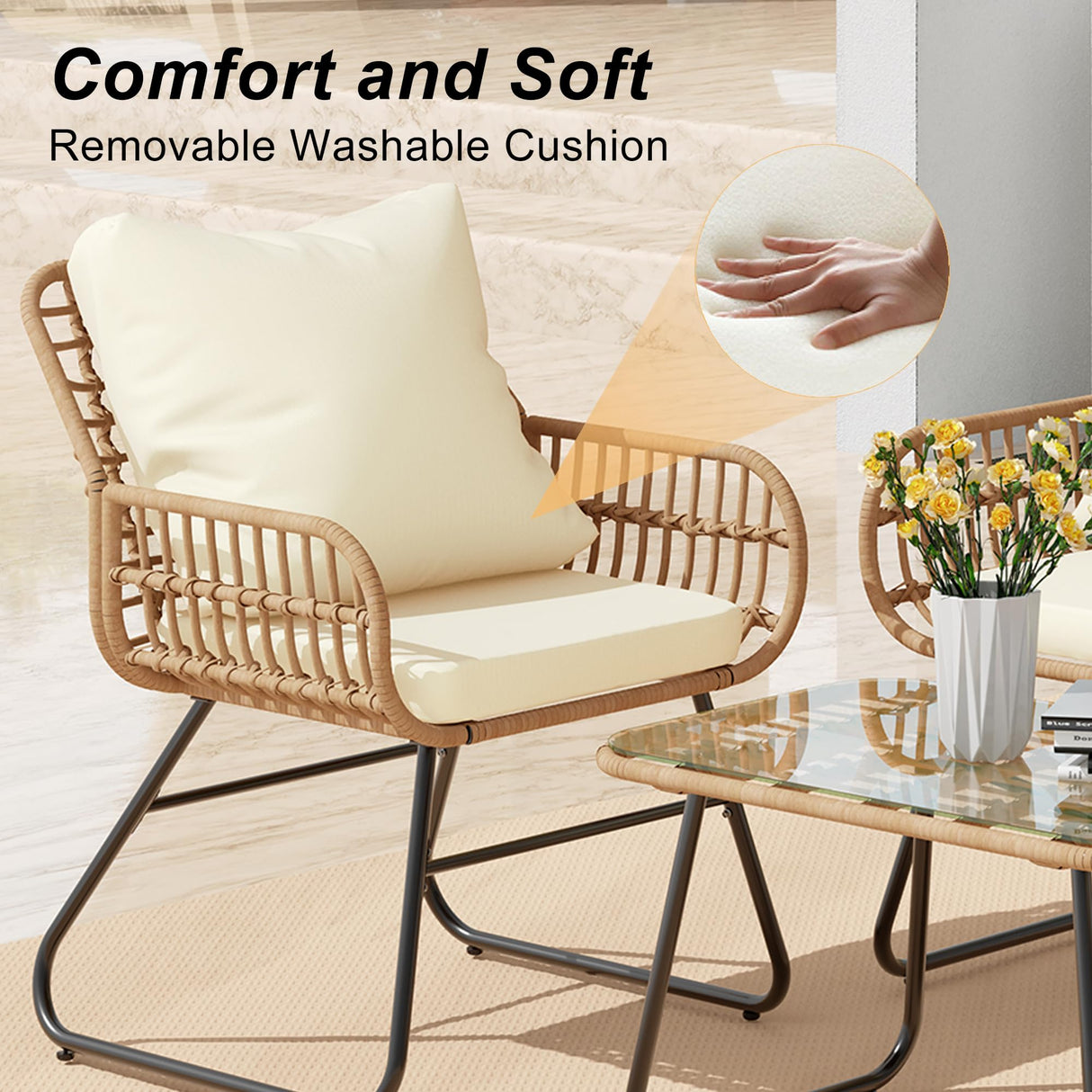 LEX CRAFT 4-Piece Outdoor Patio Furniture Set with Cushions & Tempered Glass Table, All-Weather Rattan Bistro Set with Loveseat Chairs Table Soft Cushions for Garden, Porch, Backyard (Beige) LEX CRAFT