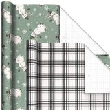 Hallmark Recyclable Neutral Christmas Wrapping Paper (4 Rolls: 100 Sq. Ft. Ttl) White and Sage Green Evergreen Pinecones, Rustic Snowmen, Plaid, Nordic Deer and Foliage Hallmark