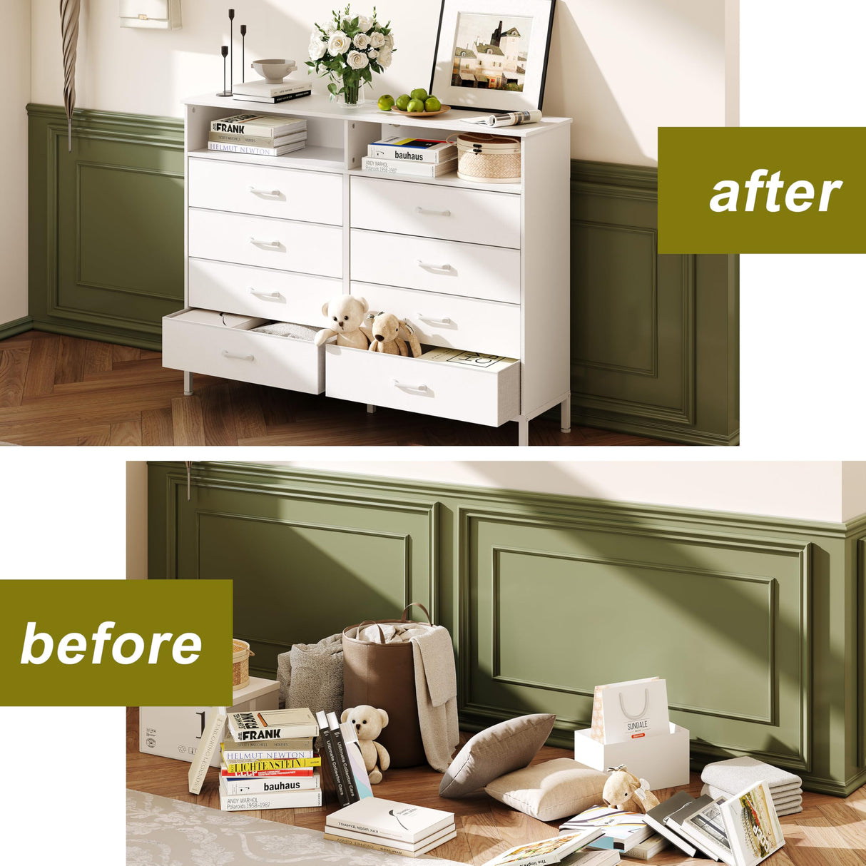 Dresser for Bedroom White Bedroom Dresser with LED Lights and Charging Station, 8 Long Fabric Drawers Dresser, Tall Wide Chest of Drawers Storage Organizer TV Stand for up to 60" TV for Living Room SOOWERY