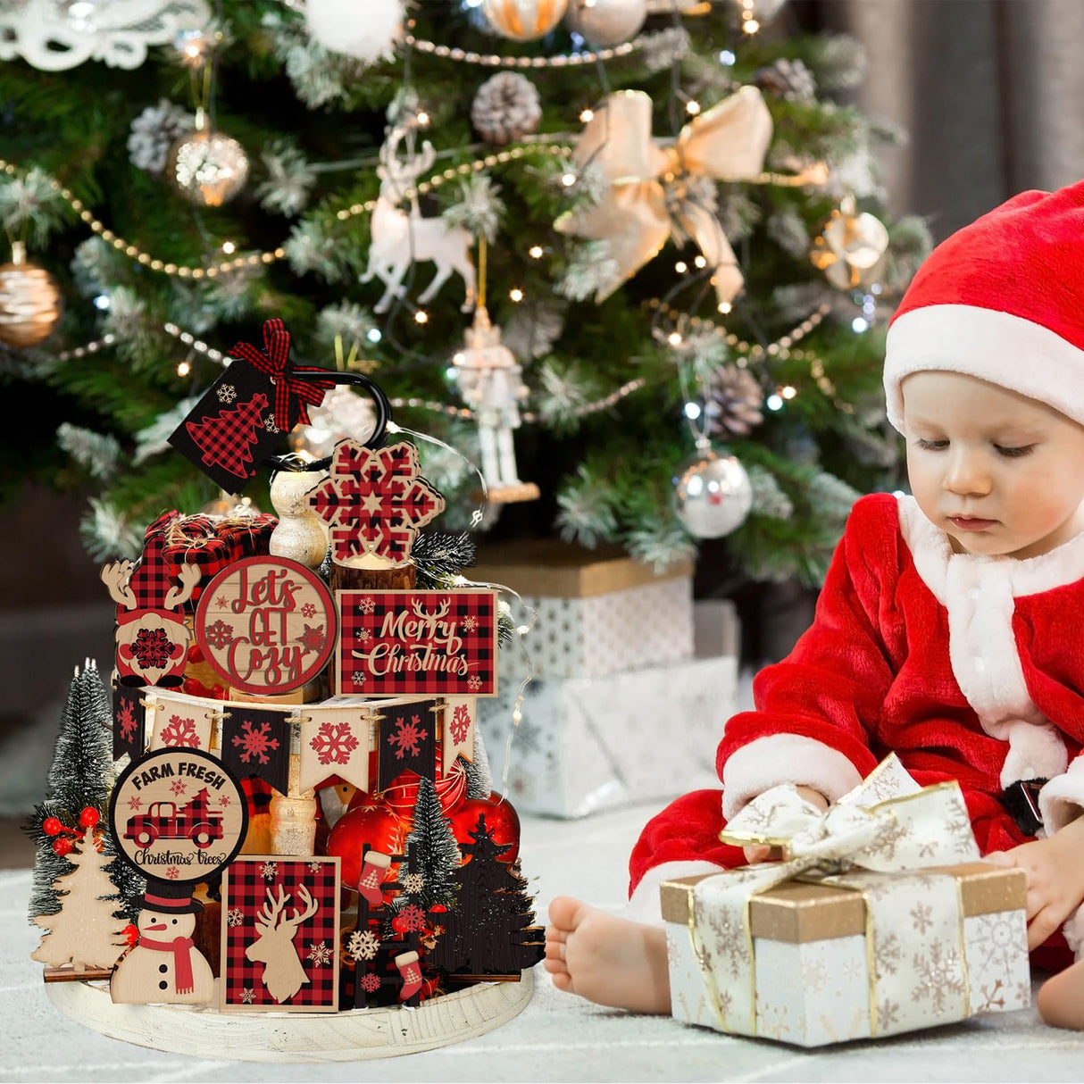 Funnymoom 17 Pcs Christmas Tiered Tray Decor Red and Black Buffalo Plaid Wood Signs Farmhouse Rustic Christmas Table Decorations Centerpieces Wooden Blocks for Xmas Winter Home Winter Party Decor Funnymoom