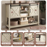 Vabches Entryway Table with 2 Sliding Barn Doors, 46" Farmhouse Console Table with Adjustable Storage Shelf, Sofa Table for Entryway, Hallway, Living Room, Metal Corner Trim & Handles, Rustic White Vabches