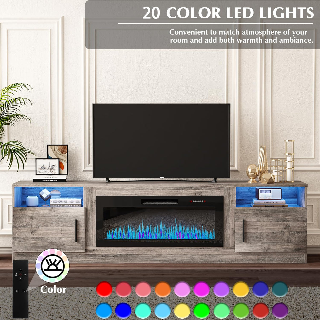 VITESSE TV Stand with 36" inch Electric Fireplace Up to 90" TVs, LED Light Entertainment Center, 80" Modern Wood High Gloss Fireplace with Highlight Storage Cabinet for Living Room (Grey) VITESSE