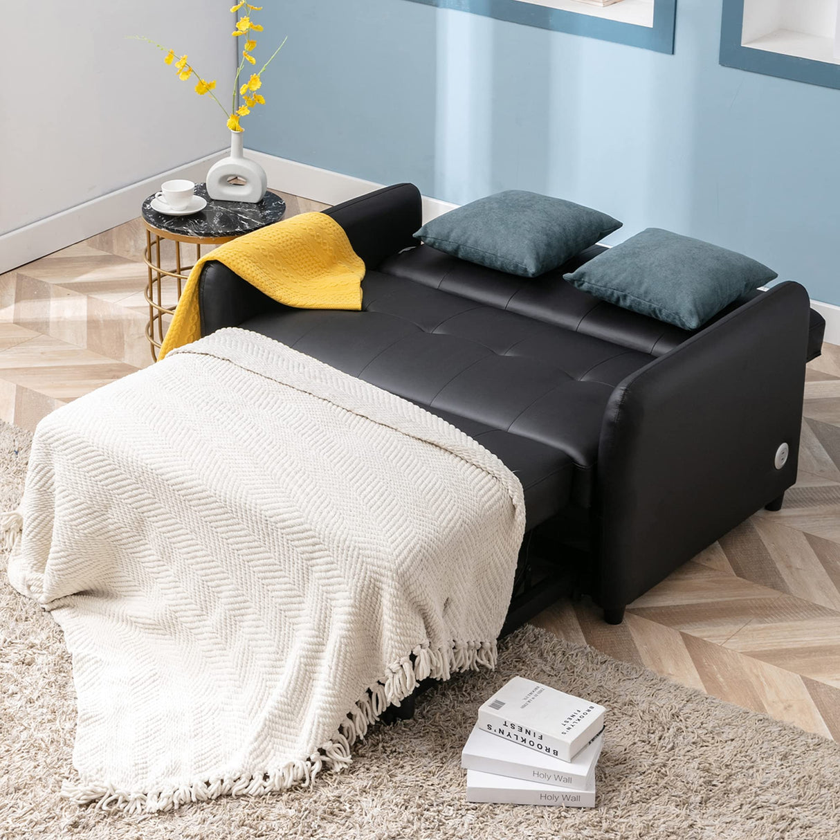 Merax Convertible PU Leather Sleeper Sofa Bed, 51" Modern Adjustable Pull Out Bed Lounge Chaise Oversized Armchair with 2 Side Pockets for Home Office Merax