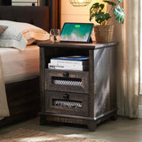 T4TREAM Farmhouse Nightstand with Charging Station, 18'' Wood End Table with 2 Drawers & Metal Mesh Decor, Rustic Side Table Storage Cabinet for Bedroom, Living Room, Dark Rustic Oak T4TREAM