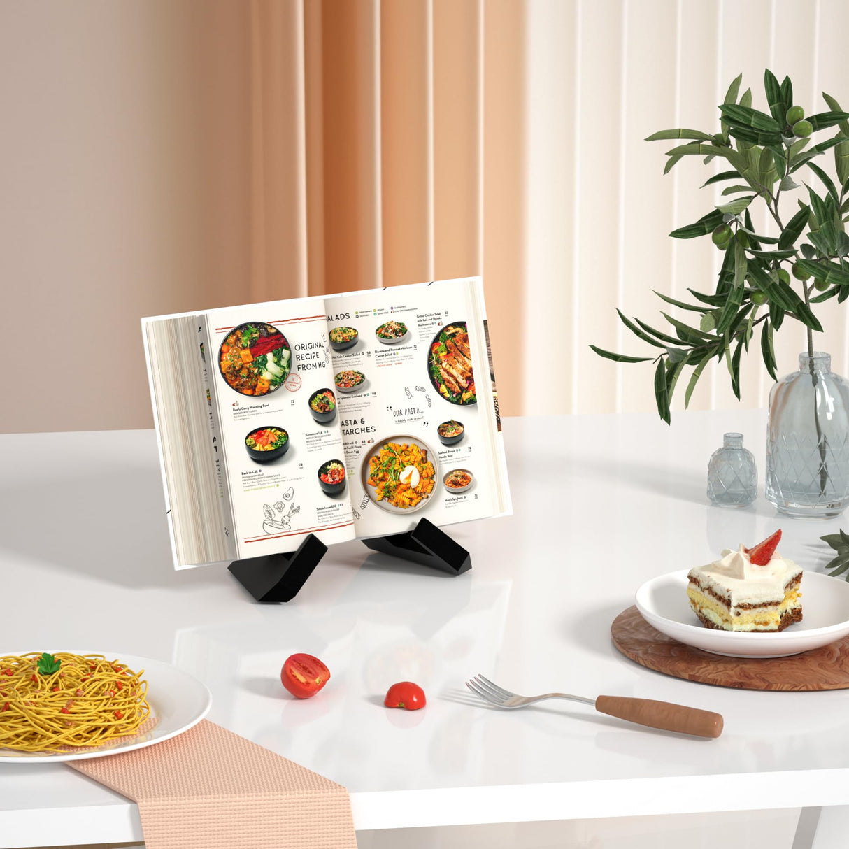 Webtrlics Cookbook Stand, Cookbook Holder for Kitchen,Black Recipe Book Holder for Counter,Wooden Plate Holder Display Stand for Tabletop (Black) Webtrylics