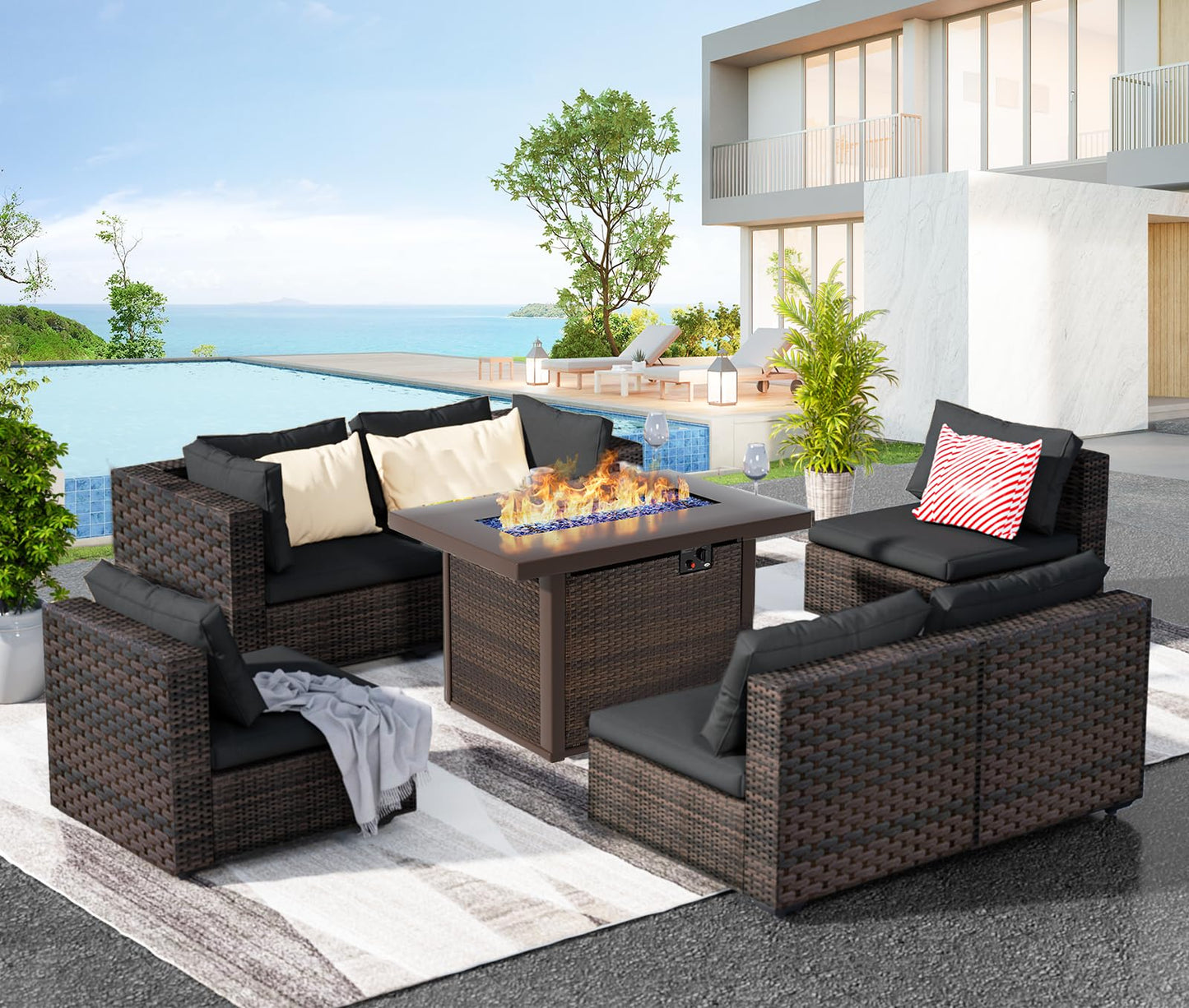 Patio Furniture Set, 7 Pieces Wicker Outdoor Furniture Set with Fire Pit Table, PE Rattan Outdoor Conversation Sofa Set, Sectional Couch with All-Weather No-Slip Cushions Waterproof Covers Black