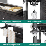 YITAHOME XL Outdoor Kitchen Wicker Island Rolling Cart & Storage Cabinet, Wheels and Stainless Steel Extended Table Top, Side Handle for Patio Kitchen or Bar Cart, Dark Brown YITAHOME