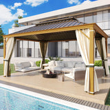 YOLENY 12' x 16' Hardtop Gazebo Faux Wood Grain Metal Gazebo with Aluminum Frame, Galvanized Steel Double Roof, Outdoor Patio Gazebo Pergolas with Netting and Curtains for Backyard, Patio, Lawns YOLENY