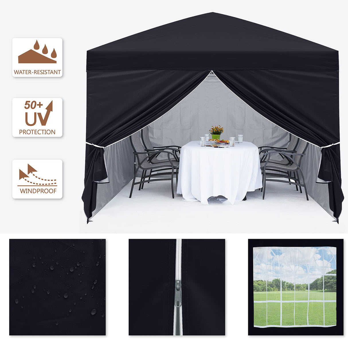 MASTERCANOPY Pop Up Canopy Tent 10x10 with Church Window Sidewalls（10x10,Black） MASTERCANOPY