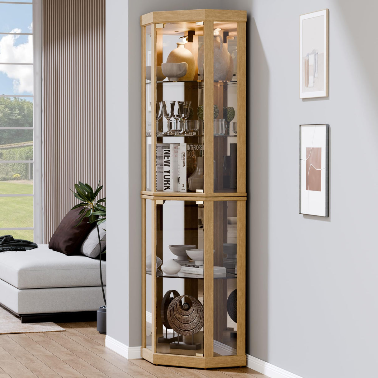 Trygoal Lighted 3-Side Glass Display Curio Cabinet, Accent Wooden Corner Cabinet with Elegant Glass Door, Wooden Storage Display Case for Living Room, Dining Room, Light Oak Trygoal