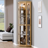 Trygoal Lighted 3-Side Glass Display Curio Cabinet, Accent Wooden Corner Cabinet with Elegant Glass Door, Wooden Storage Display Case for Living Room, Dining Room, Light Oak Trygoal
