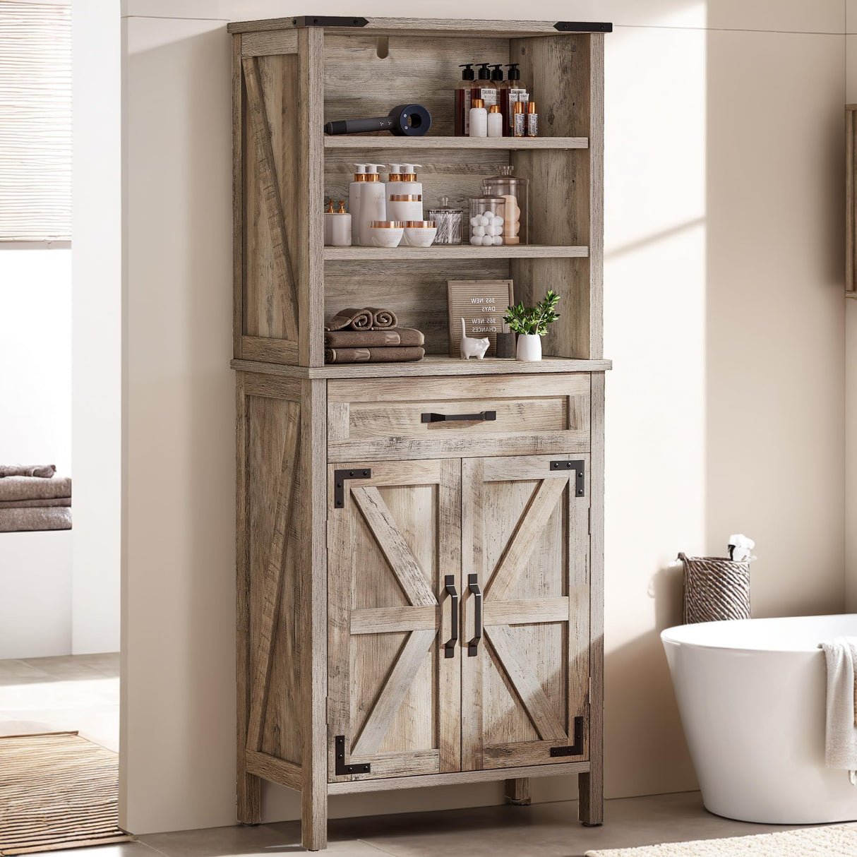 DWVO Farmhouse Storage Cabinet, Small Bathroom Storage Cabinet with Doors and Shelves, 58" Tall Multi-Functional Accent Cabinet for Dining Room, 58" H x23.6 W, Washed Grey DWVO