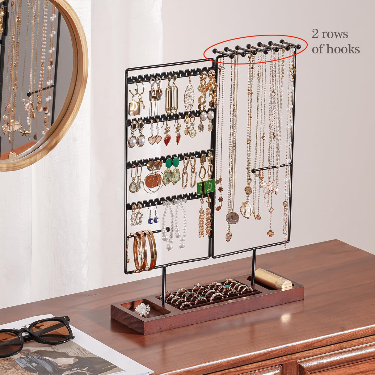 ProCase Jewelry Organizer Stand Earring Holder Organizer, 6 Tiers Earring Organizer Tree Necklace Rack Jewellery Tower Bracelets Holder Storage with Removable Wooden Ring Tray for Women Girls -Black ProCase