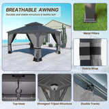 Gotland 12' x 14' Grey Hardtop Gazebo with Curtains and Netting, Double Roof Iron Metal Pergola for Patio, Garden, Lawn Gotland