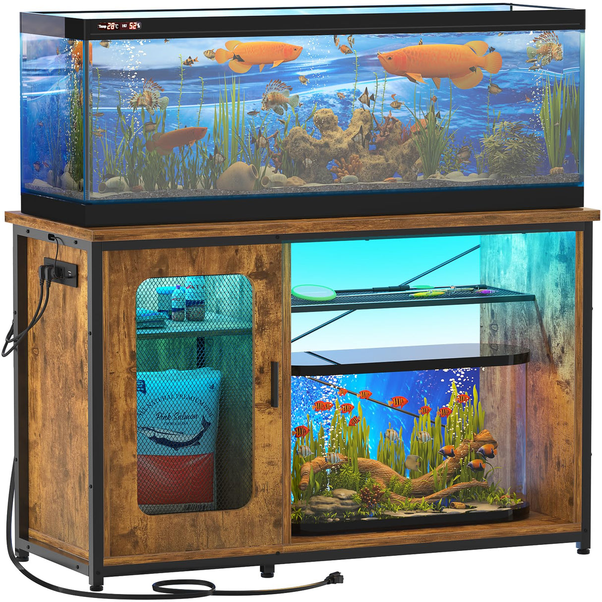 Hyomdeck 55-75 Gallon Fish Tank Stand with Power Outlets & LED Light, Reversible Heavy Duty Metal Aquarium Stand with Cabinet for Fish Tank Accessories Storage, Turtle/Reptile Terrariums, Rustic Hyomdeck