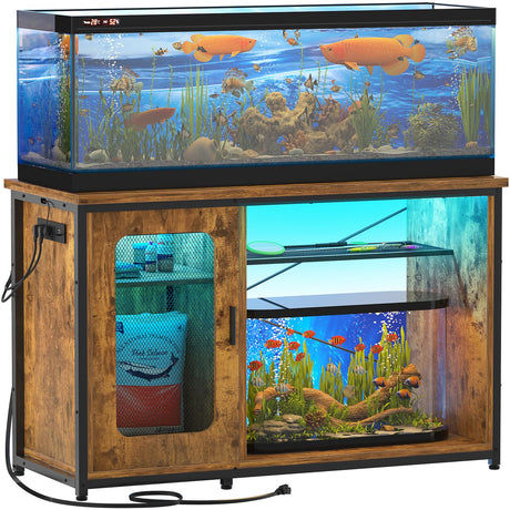 Hyomdeck 55-75 Gallon Fish Tank Stand with Power Outlets & LED Light, Reversible Heavy Duty Metal Aquarium Stand with Cabinet for Fish Tank Accessories Storage, Turtle/Reptile Terrariums, Rustic Hyomdeck