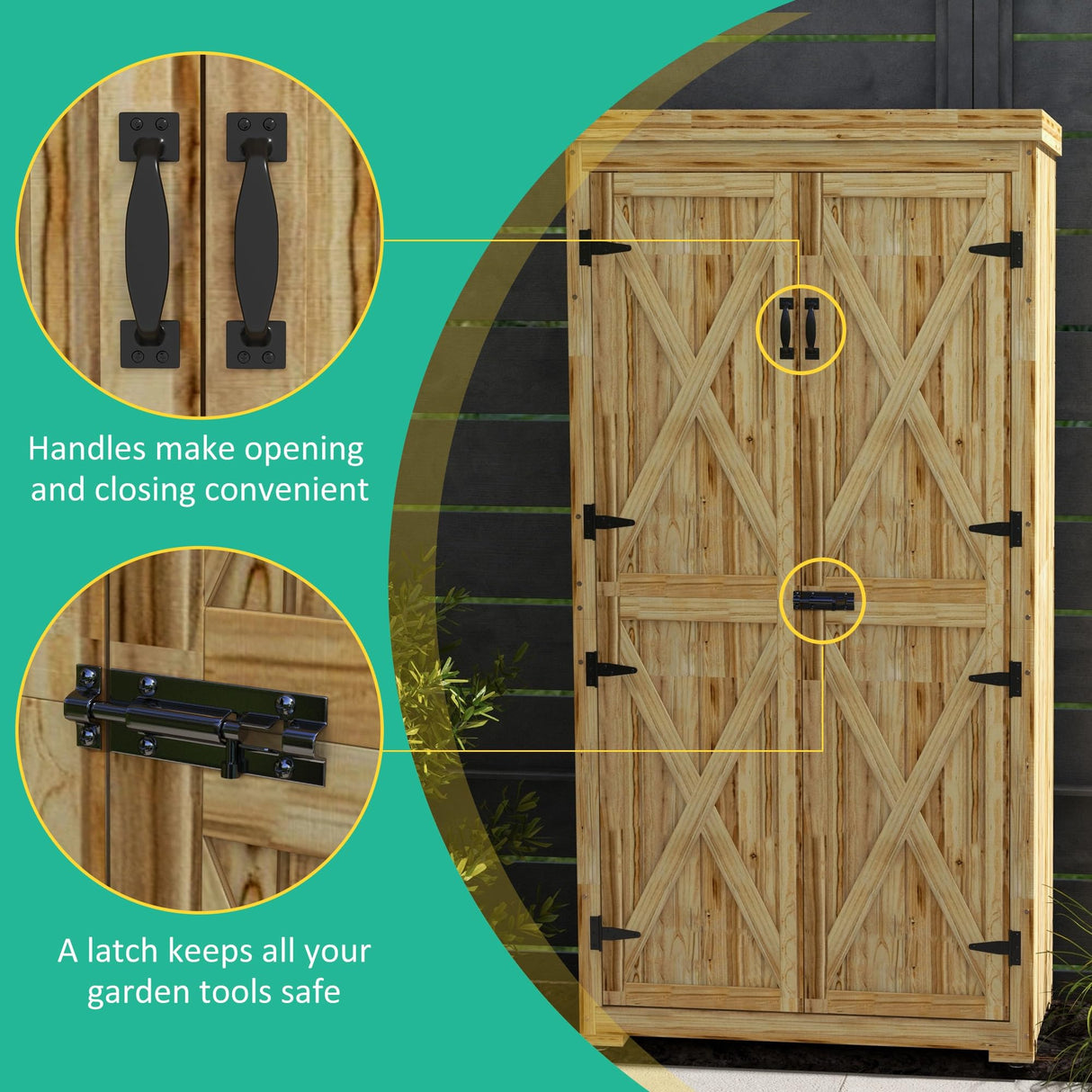 Outsunny Wooden Garden Shed, Outdoor Storage Cabinet with Waterproof Galvanized Metal Roof, Narrow Tool Shed with 3 Shelves and Lockable Door, Natural Outsunny