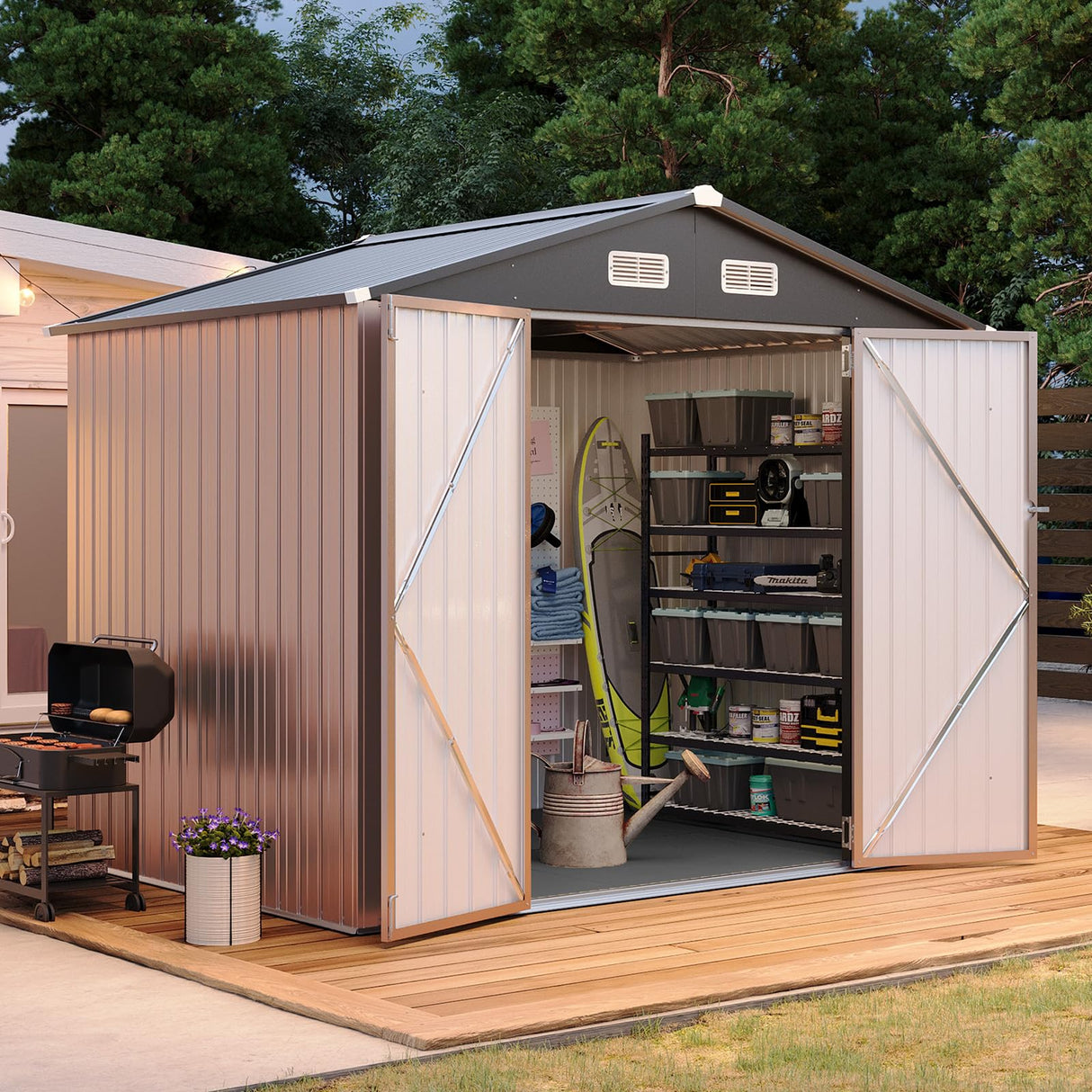 Aoxun 7.4x5.3FT Shed with Floor Galvanized Steel Outdoor Storage Shed Metal Garden Shed with Double Doors, 15mm Moisture-Proof Floor & Ventilation, Sloped Roof for Bike/Generator/Tool Storage (Brown) Aoxun
