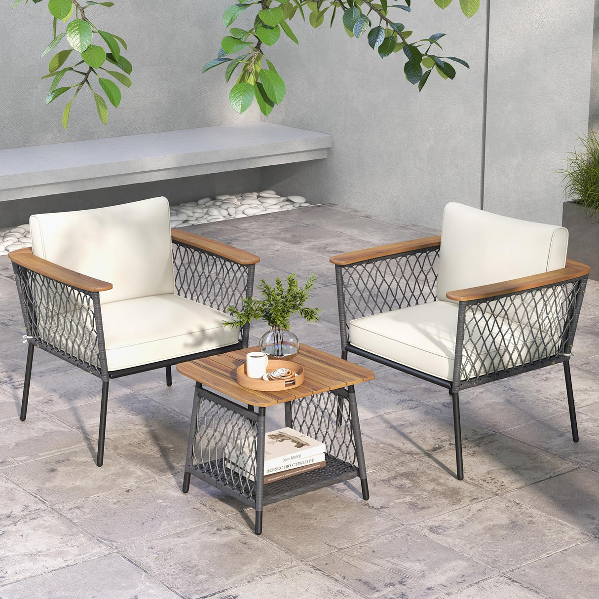Tangkula 3 Piece Patio Furniture Set, Rattan Chair Set w/ 2-Tier Coffee Table, Acacia Wood Armrests & Tabletop, Soft Seat & Back Cushions, Outdoor Wicker Conversation Set (Off White+Grey) Tangkula