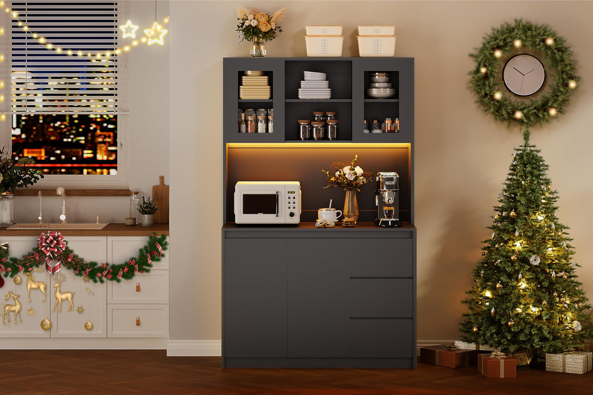 Garvee Kitchen Pantry Cabinet,71" Tall Storage Cabinet with Doors and Shelves Adjustable, Kitchen Storage Hutch with Microwave Shelf, Led Lights and Charging Station,Corner Pantry Cabinet, Black Garvee