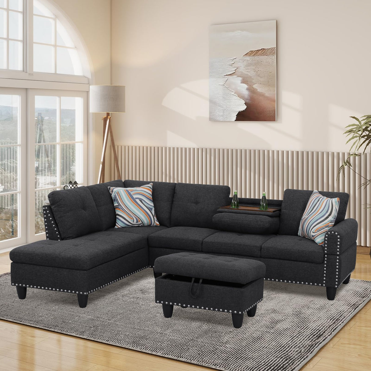 L Shaped Modular Sectional Sofa with Reversible Chaise Lounge, 5-Seater Corner Couch, Linen Upholstery Convertible Sofá w/Movable Ottoman, Cup Holders, 2 Pillows and Rivet Ornament for Living Room NicBex