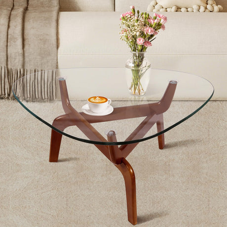 Glass Coffee Tables for Living Room, Triangle Coffee Table with Non-Tip Rubber Wood Base, Morden Tea Table with Tempered Glass Top | Perfect for Homes with Kids/Pets, Office, Apartment (Brown) DUO GE MAO