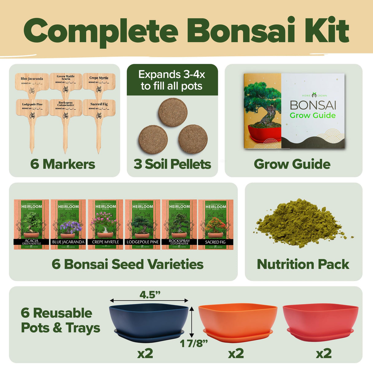HOME GROWN Bonsai Tree Kit – 6 Heirloom Varieties with Unique Pots – DIY Bonsai Starter Kit for Adults & Beginners – Christmas Gift for Men Women Gardeners Plant Lovers – Indoor Growing Kit HOME GROWN
