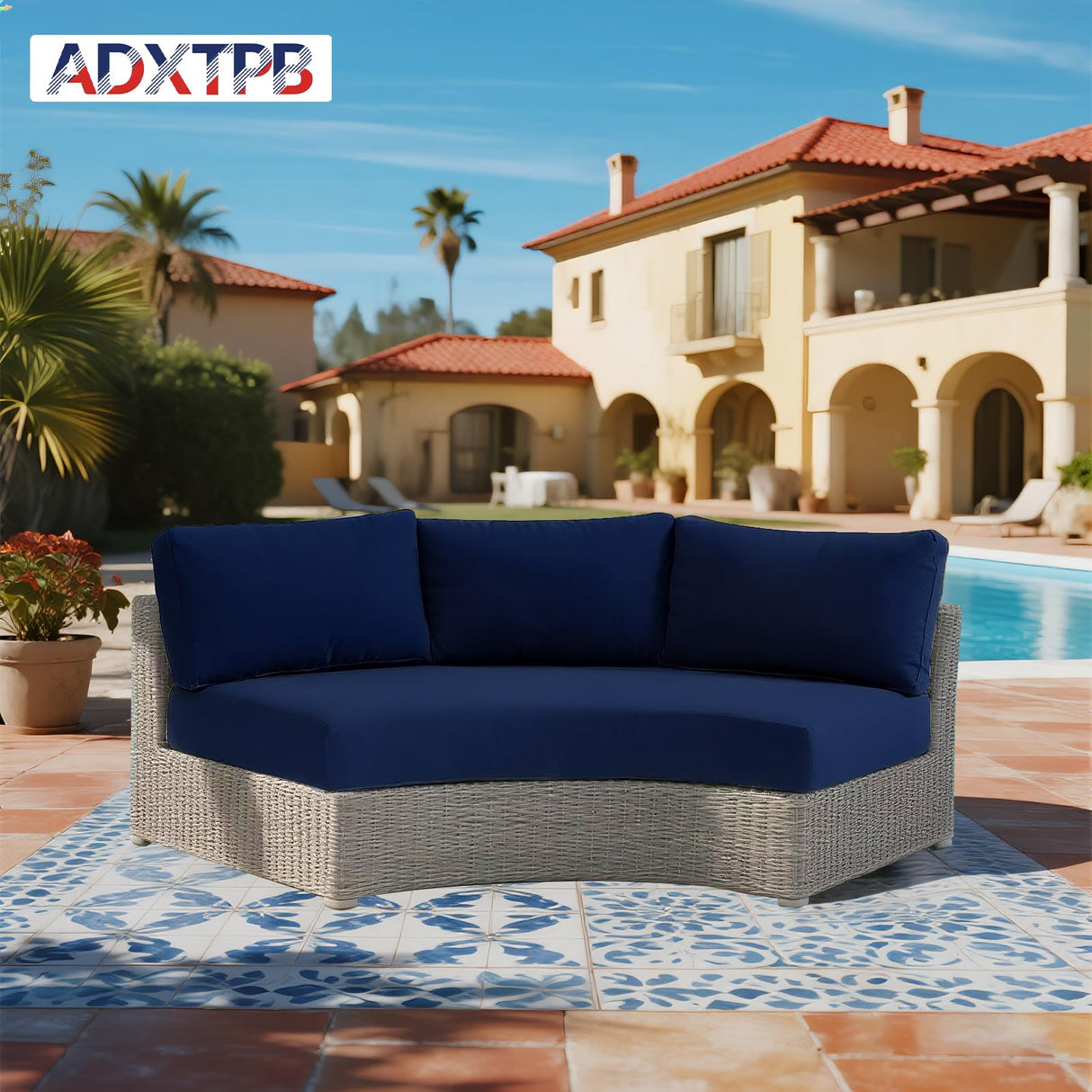 ADXTPB Outdoor Curved Cushion Covers Olefin,Waterproof Half Moon Patio Furniture Sofa Cushions Cover with Non-Slip Bottom,Cover ONLY (Navy Blue, 77 * 40 * 28 * 5.3in) ADXTPB