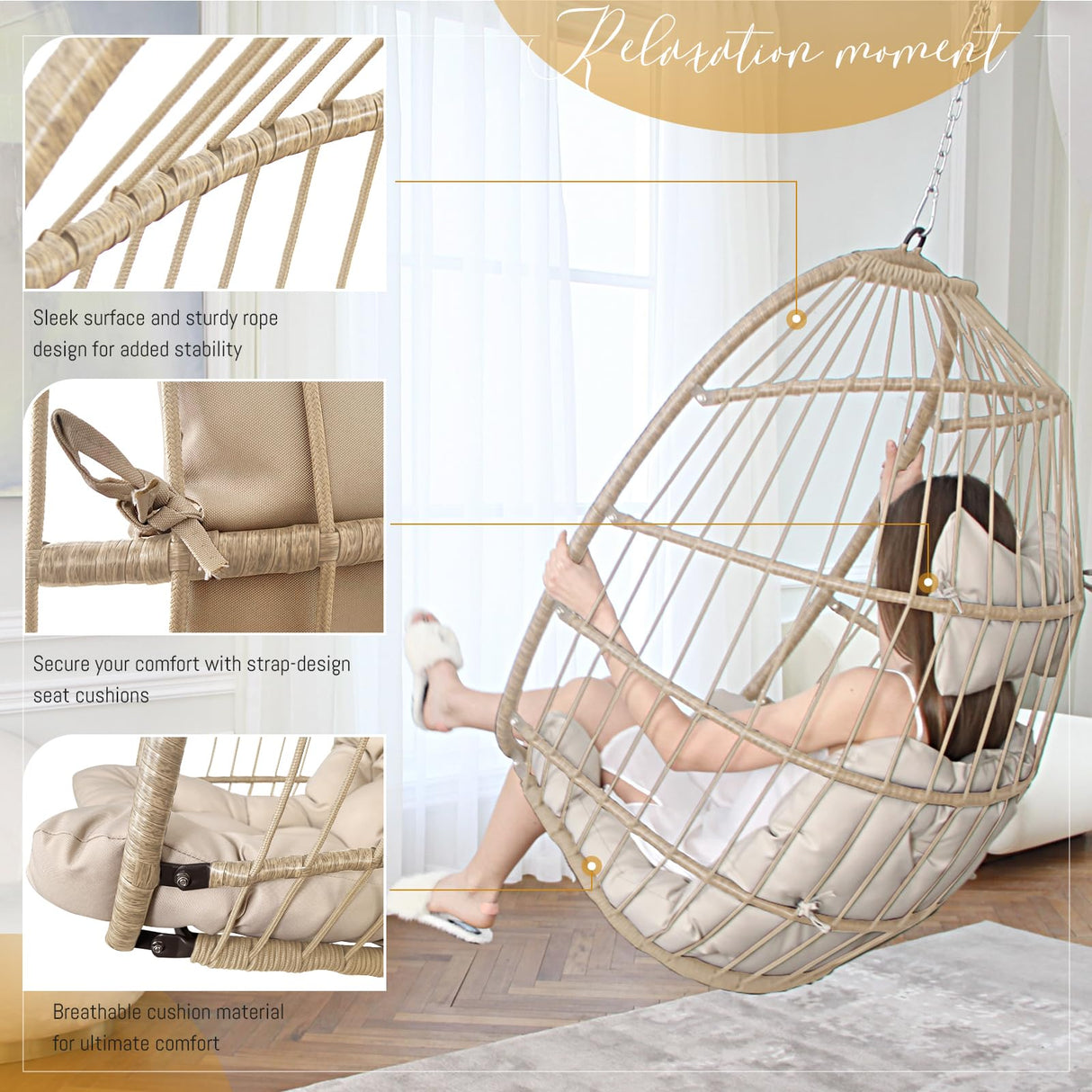 Swing Egg Chair Without Stand Indoor Outdoor Wicker Rattan Patio Basket Hanging Chair no Stand with UV Resistant Cushions 265lbs Capacity for Bedroom Balcony Patio (Beige) BULEXYARD