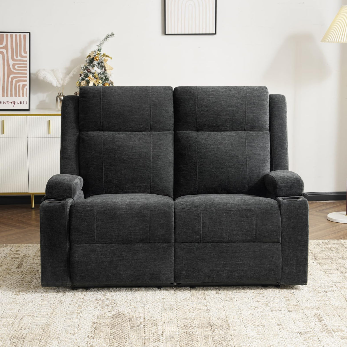 RIHEREFY Loveseat Recliner Sofa, Double Recliner Loveseat with Adjustable Footrest & Cup Holder, Wall Hugger Sofa for Living Room & Home Theater & RV(Black) RIHEREFY